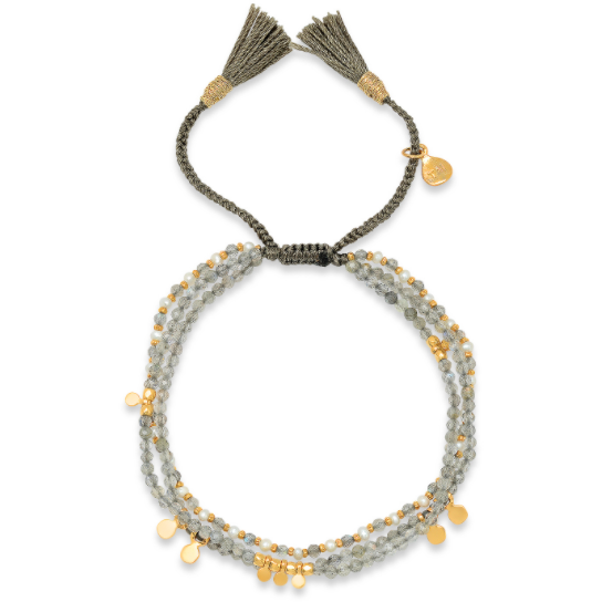 Tai Braided grey colored nylon with triple strand labradorite, gold vermeil, fresh water pearls bracelet