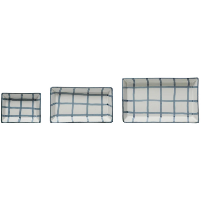 Hand-Painted Trays with Grid Pattern, Set of 3
