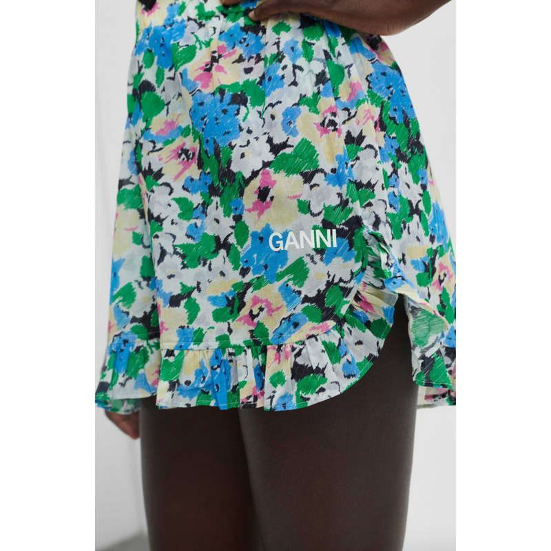 Ganni Light Cotton Ruffle Shorts Floral Azure Blue