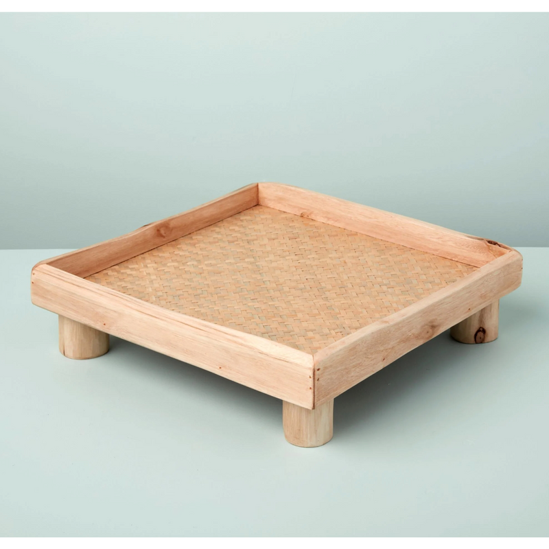 Be Home Blonde Reclaimed Wood & Woven Seagrass Square Footed Tray, Medium