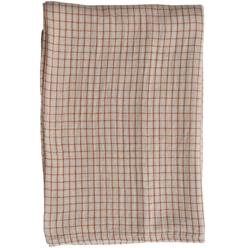 84"L x 60"W Cotton Double Cloth Tablecloth with Grid Pattern, Natural and Rust Color
