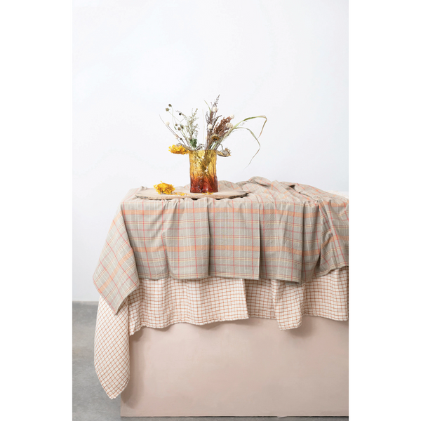84"L x 60"W Cotton Double Cloth Tablecloth with Grid Pattern, Natural and Rust Color