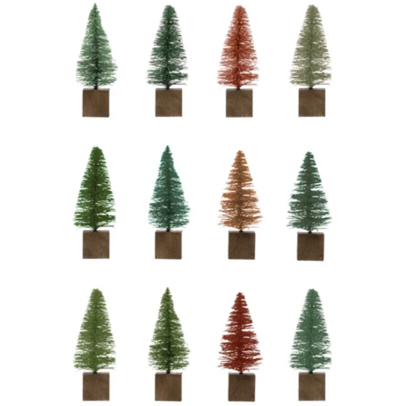 3"H Bottle Brush Trees with Wood Base, Multi Color, Boxed Set of 12