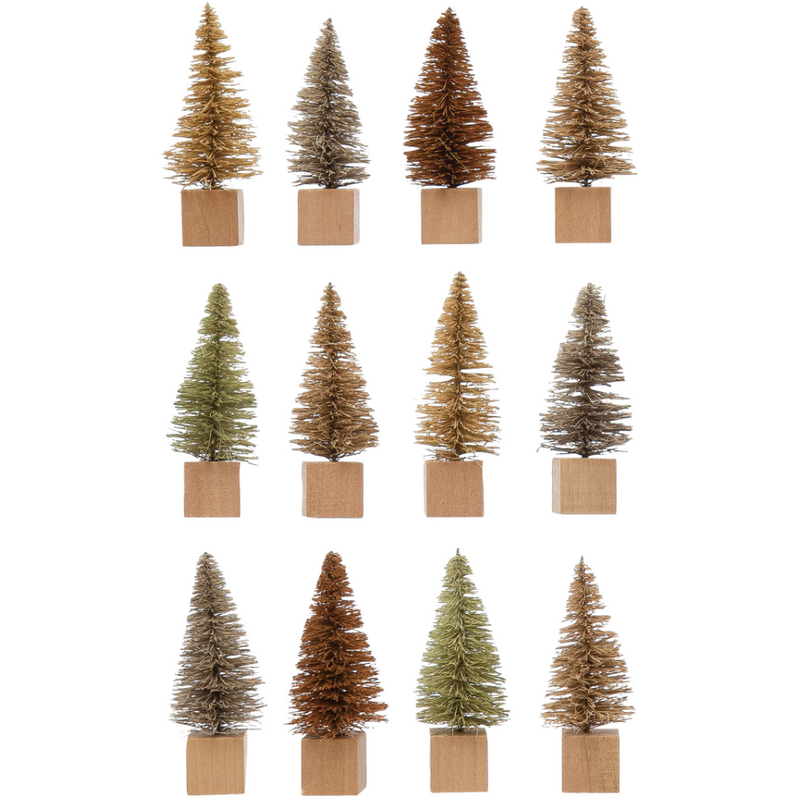 3"H Bottle Brush Trees with Wood Base, Brown Multi Color, Boxed Set of 12