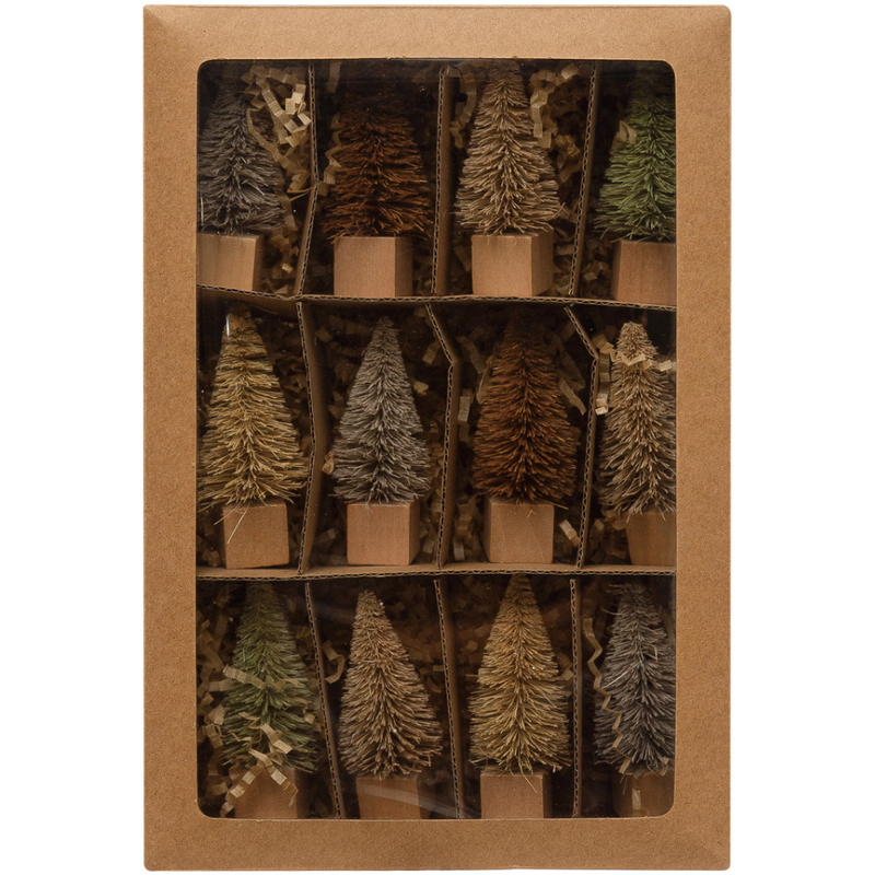 3"H Bottle Brush Trees with Wood Base, Brown Multi Color, Boxed Set of 12