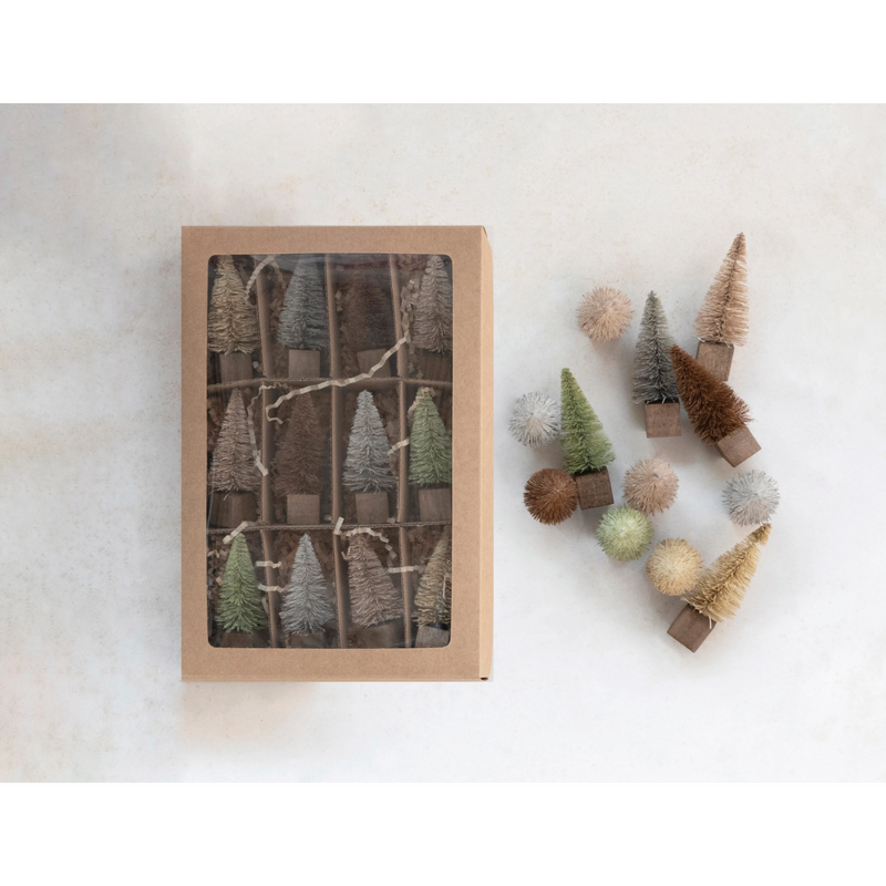 3"H Bottle Brush Trees with Wood Base, Brown Multi Color, Boxed Set of 12