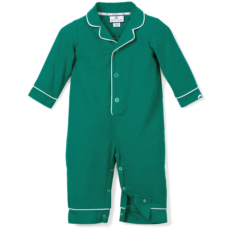 Petite Plume Forest Green Flannel Romper with White Piping