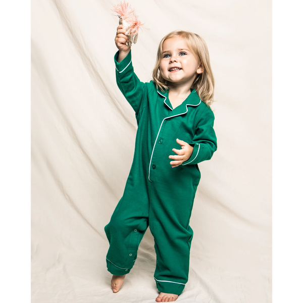 Petite Plume Forest Green Flannel Romper with White Piping