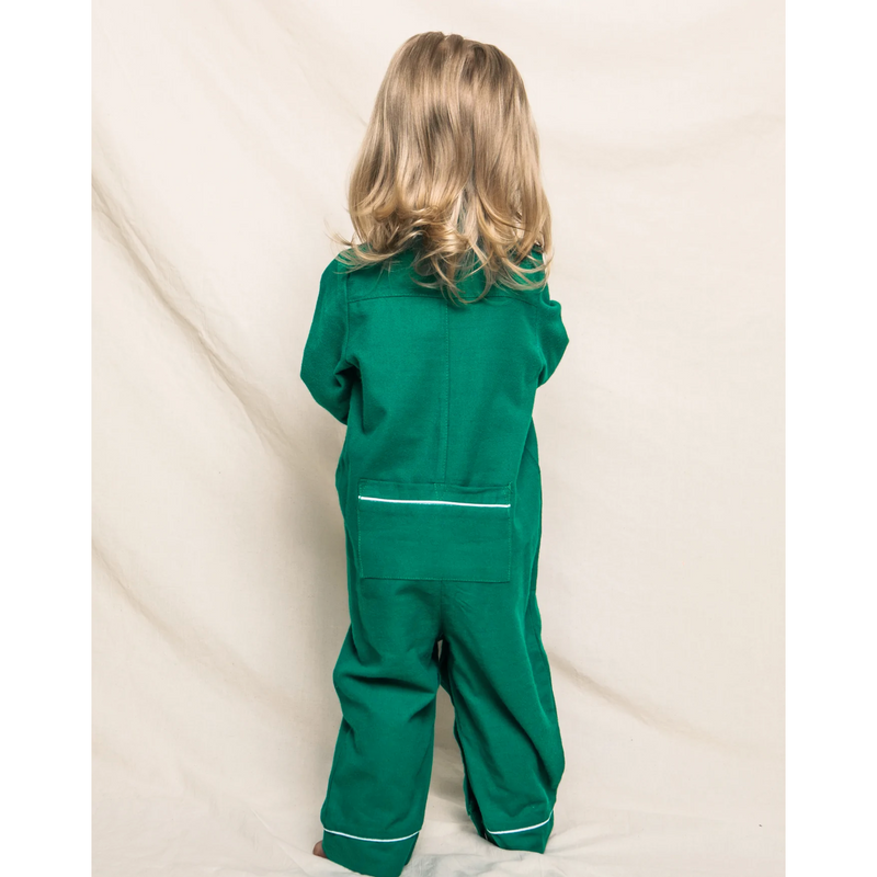 Petite Plume Forest Green Flannel Romper with White Piping