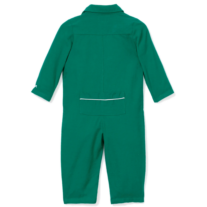 Petite Plume Forest Green Flannel Romper with White Piping