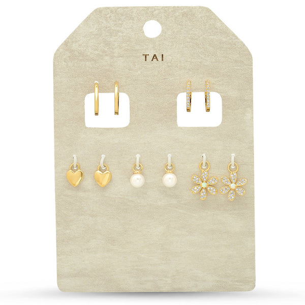 Tai Set of 5 - interchangeable charms - simple and CZ huggies - simple gold heart, single pearls, pave flower