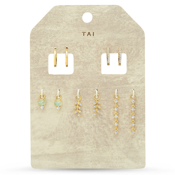 Tai Set of 5 - interchangeable charms - simple gold huggies, CZ huggies, leaf charms, CZ drop charm and green stone charm