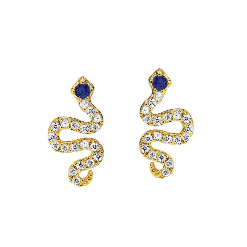 Tai Gold CZ snake post earrings, with sapphire CZ