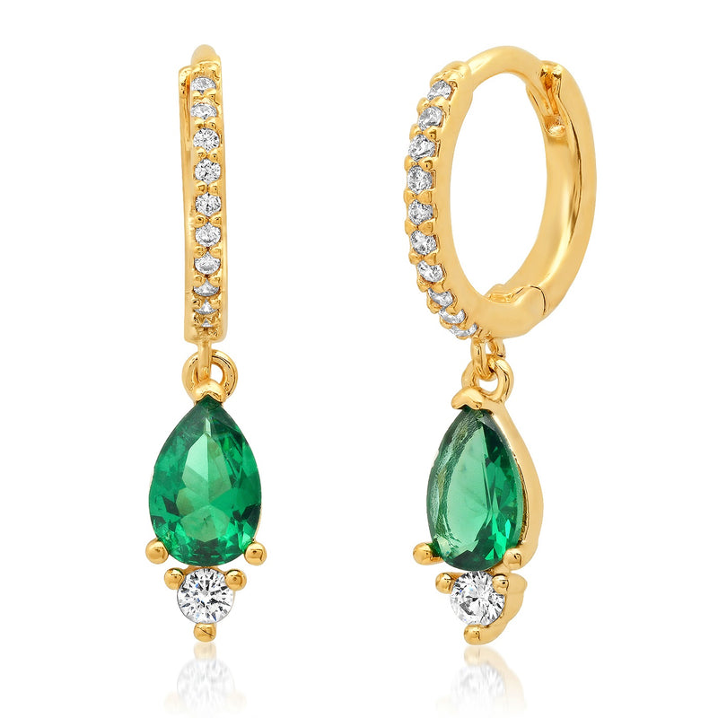 Tai Gold clear CZ huggie earrings with emerald colored glass charm