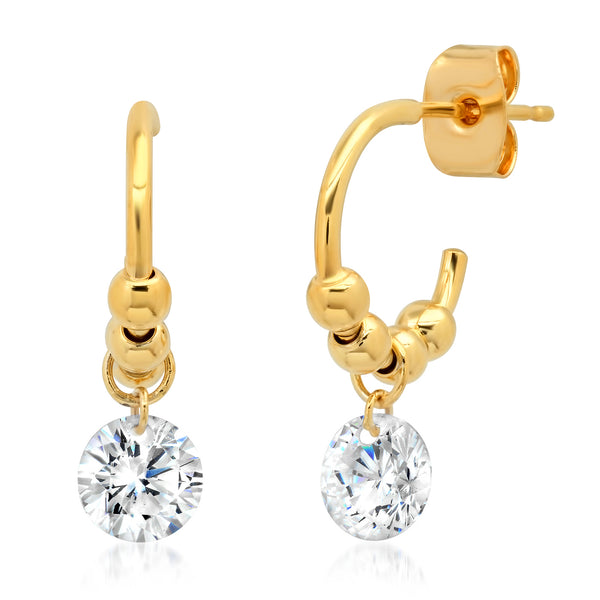 Tai Gold hoop earrings with gold balls and floating CZ accent