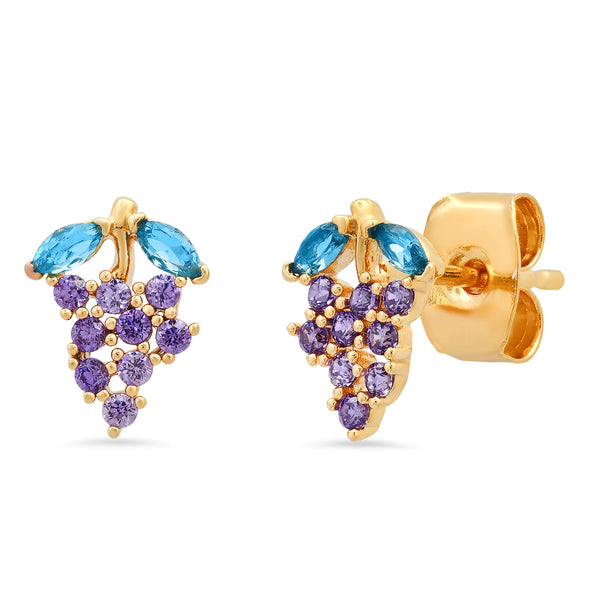 Tai Purple colored CZ with green leaves grape post earrings