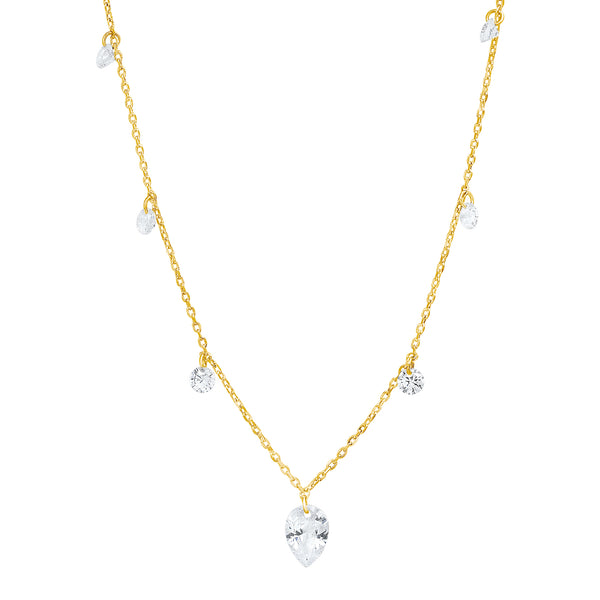 Tai Gold simple chain necklace with multiple floating tear shaped CZ pendant