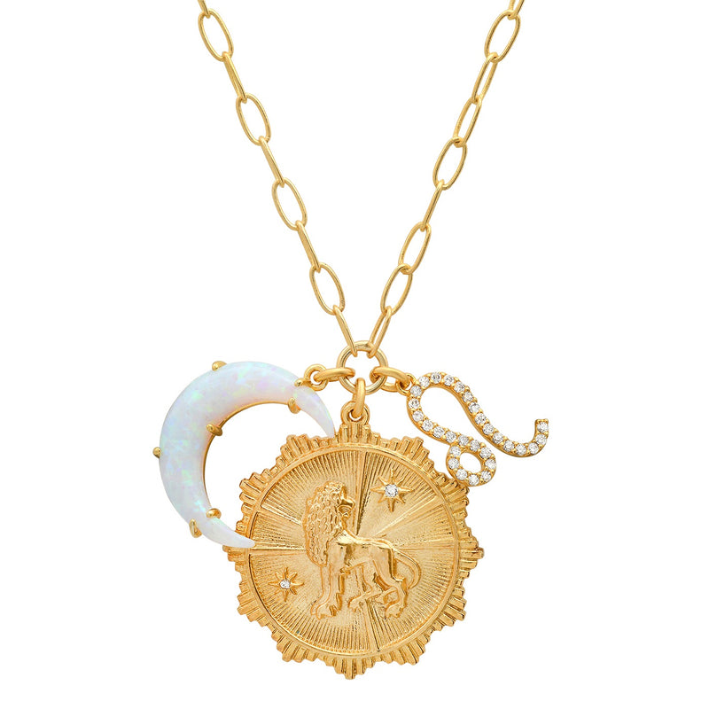 Tai Gold link chain necklace with pendant, white opal crescent moon and CZ sign
