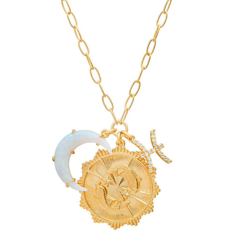 Tai Gold link chain necklace with pendant, white opal crescent moon and CZ sign