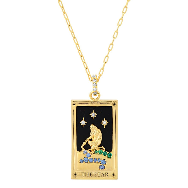 Tai Gold midi link chain necklace with black glass tarot pendant - DF30/ DF31/ enamel