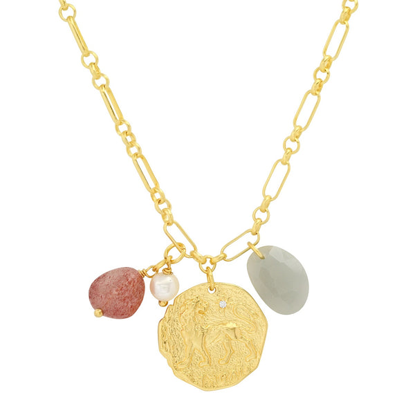 Tai Less shiny gold midi link chain necklace with lion medallion, strawberry quartz, mini pearl and grey colore glass stone