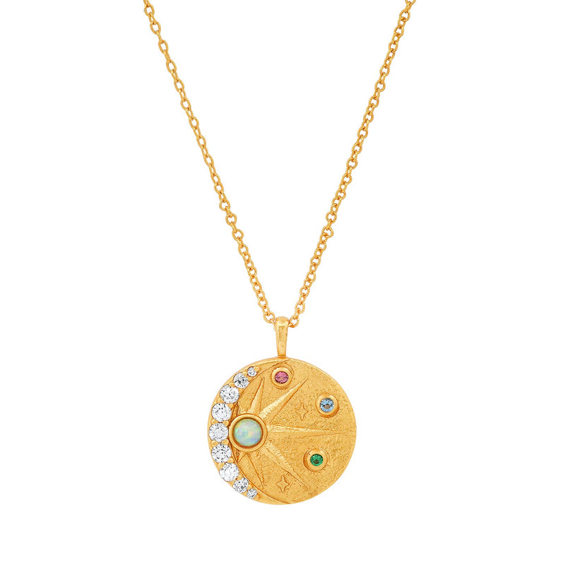 Tai Gold simple chain necklace with round celestial pendant. Color: crystal, opal, colored stones