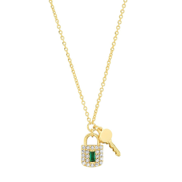 Tai Gold green center CZ lock with simple gold key charm necklace