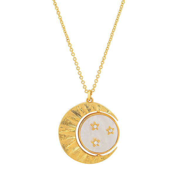 Tai Gold simple chain necklace with crescent moon and MOP spinner pendant