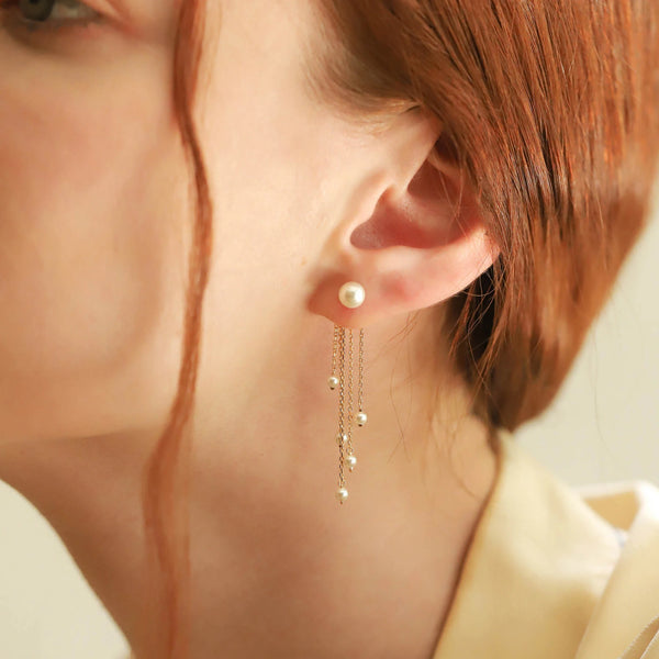 Tai Gold vermeil jacket earrings, pearl with 925 sterling silver post size 4mm; chain jacket - first pair: 2cm w/ pearl 3mm ends, second pair: 3cm w/ pearl 3mm ends,middle chain - 4cm w/ pearl 3mm ends