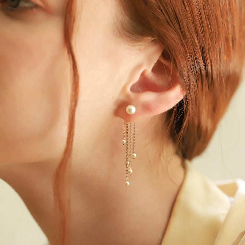 Tai Gold vermeil jacket earrings, pearl with 925 sterling silver post size 4mm; chain jacket - first pair: 2cm w/ pearl 3mm ends, second pair: 3cm w/ pearl 3mm ends,middle chain - 4cm w/ pearl 3mm ends