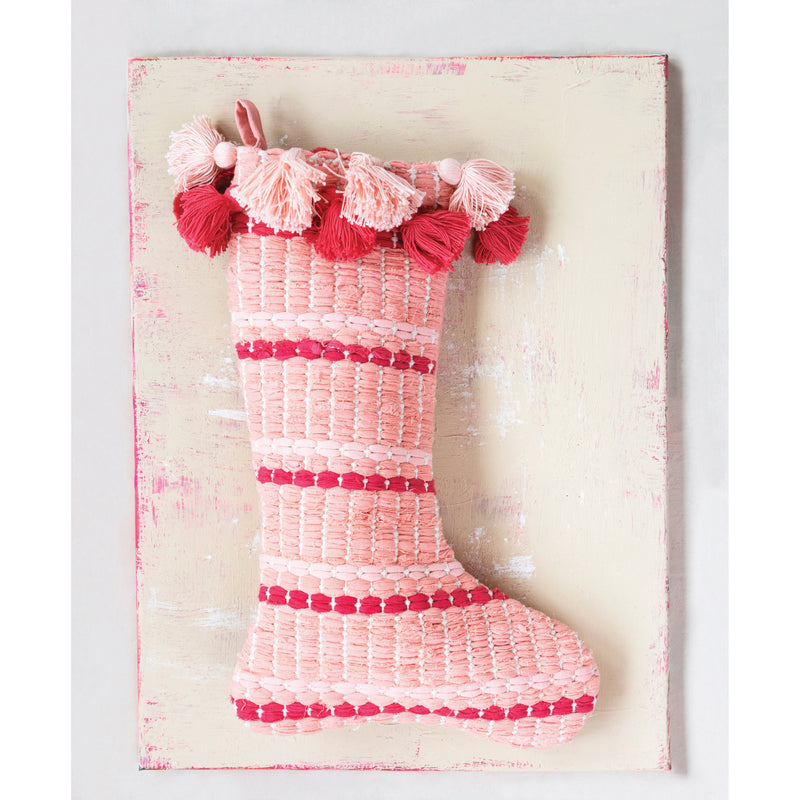 20"H Woven Cotton Stocking with Tassels, Red and Pink Colors