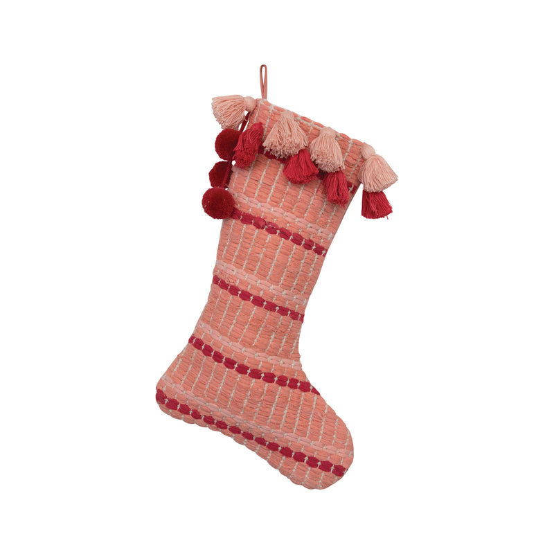 20"H Woven Cotton Stocking with Tassels, Red and Pink Colors