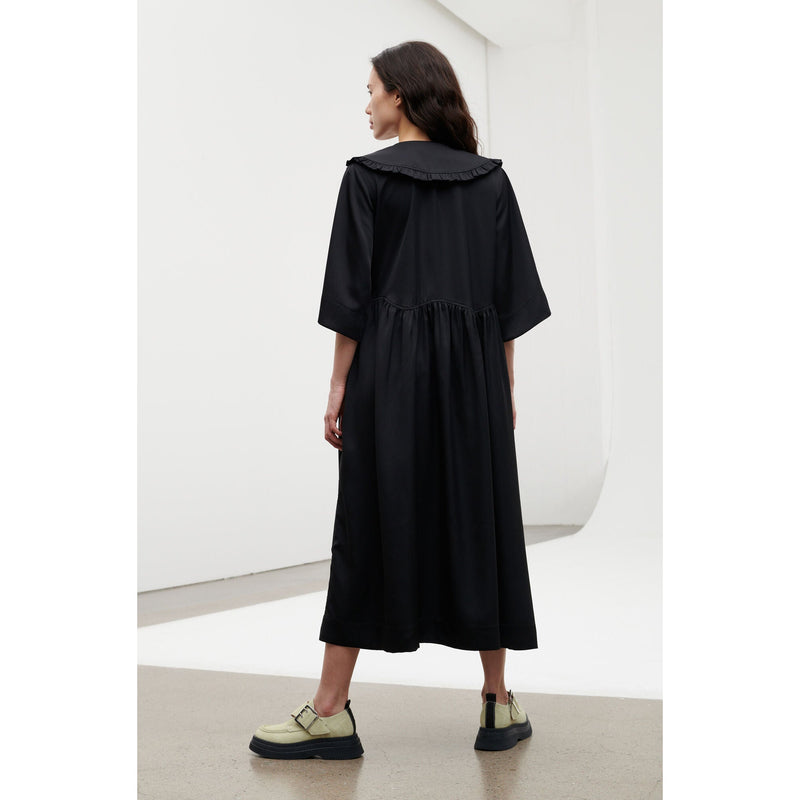 Ganni Ruffle Collar Wavy Waist Oversize Wrap Dress Black