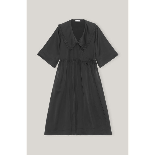 Ganni Ruffle Collar Wavy Waist Oversize Wrap Dress Black