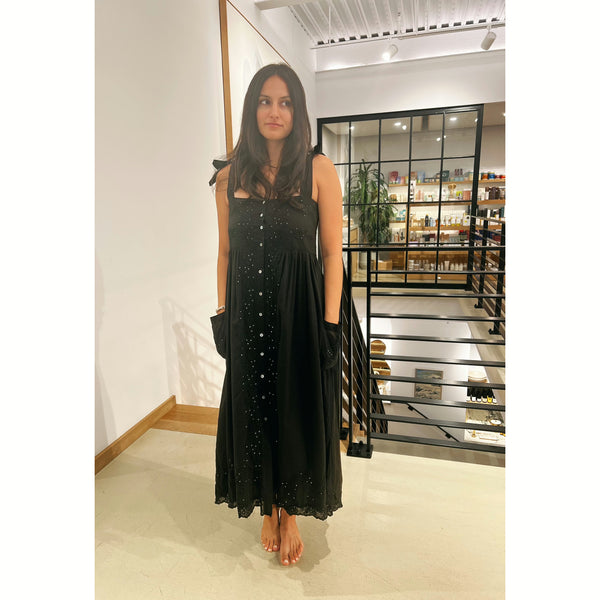 Juliet Dunn Tie Shoulder Dress With Tonal Lotus Embro Black