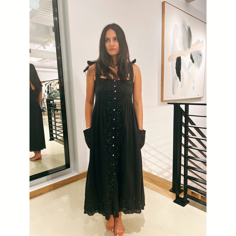 Juliet Dunn Tie Shoulder Dress With Tonal Lotus Embro Black