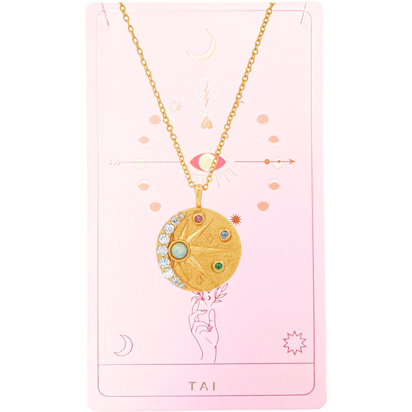 Tai Gold simple chain necklace with round celestial pendant. Color: crystal, opal, colored stones