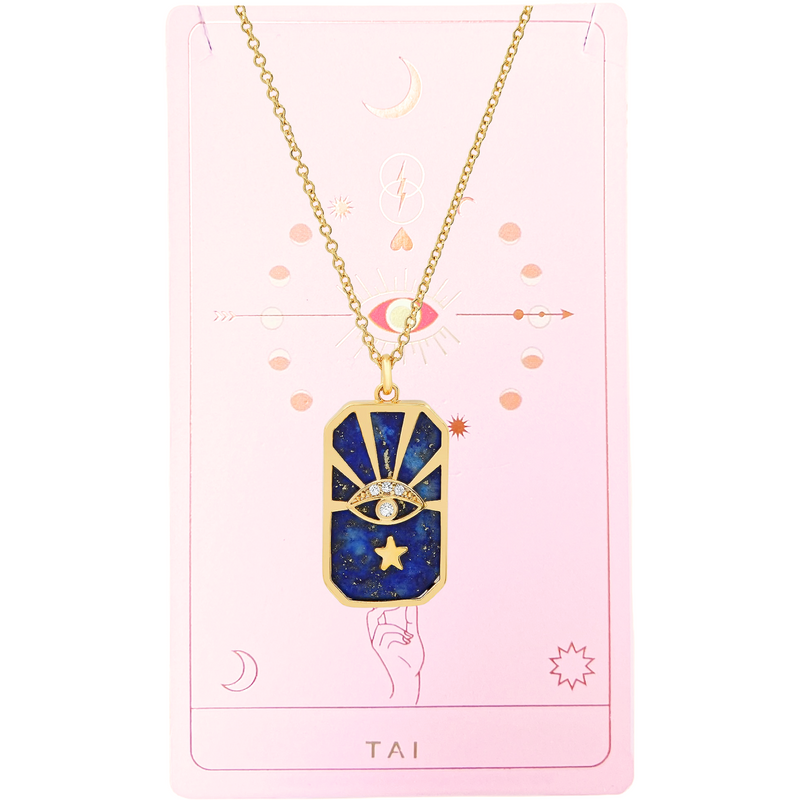Tai Gold simple chain necklace with lapiz pendant - evil eye center