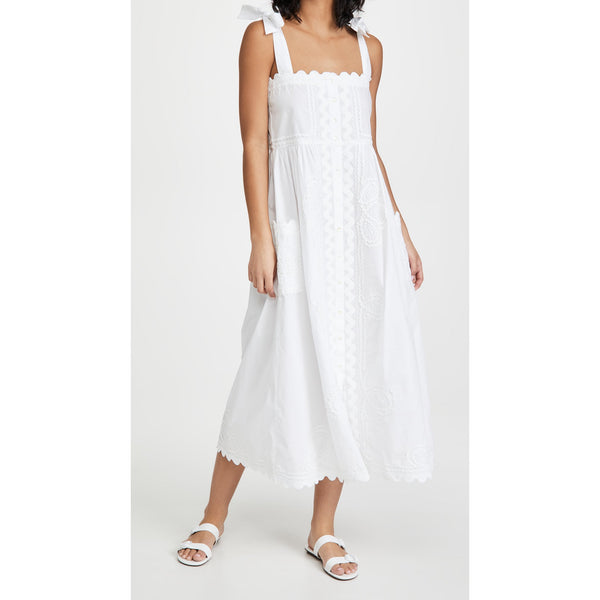 Juliet Dunn Tie Shoulder Dress With Tonal Lotus Embro White