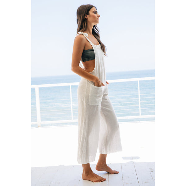 9 Seed linen cropped overalls-white